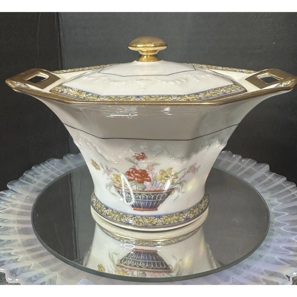 Antique Haviland Limoges Ganga Covered Sugar Bowl Gold Trim Floral Porcelain